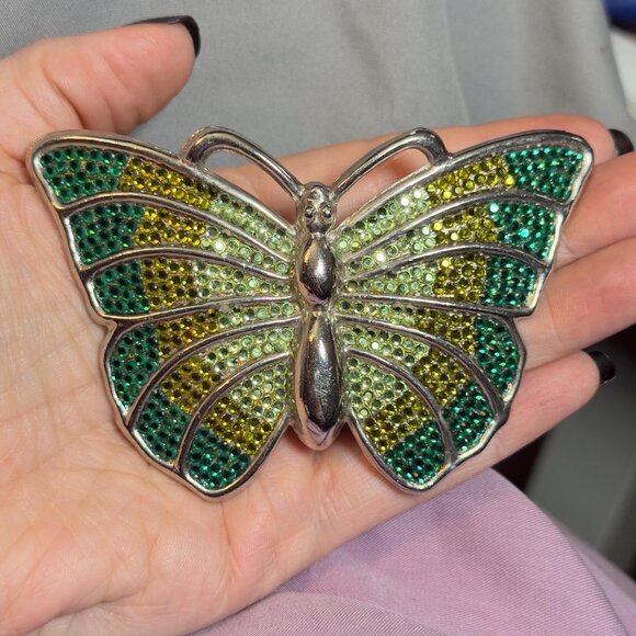 Butterfly Belt Buckle Vintage 80s Green Rhinestone Statement 4\